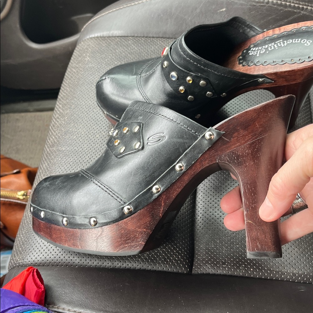 Skechers Black Leather Studded Slip-On Clogs with Red Accent Gems - Picture 2 of 11